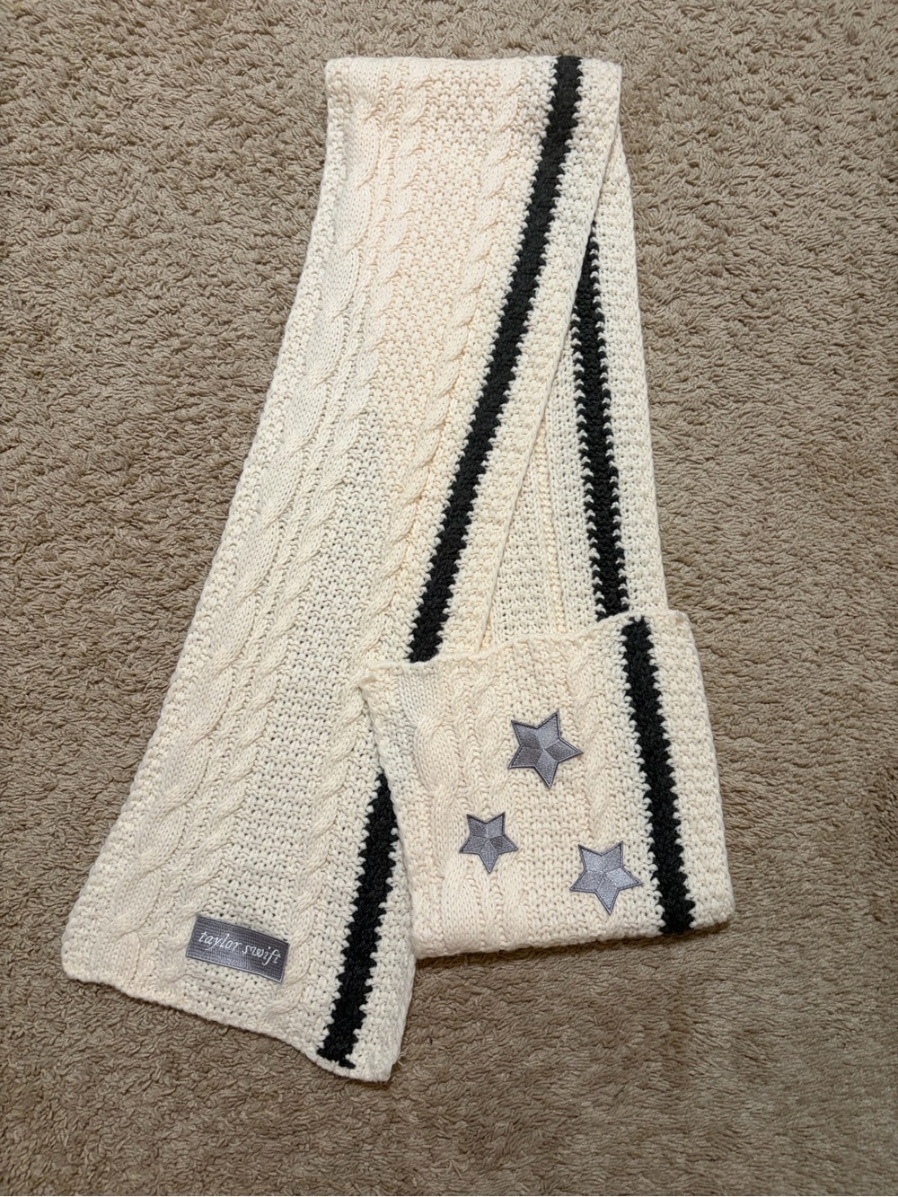 Taylor Swift Folklore Cream Knit Scarf with Black Stripes and Silver Stars